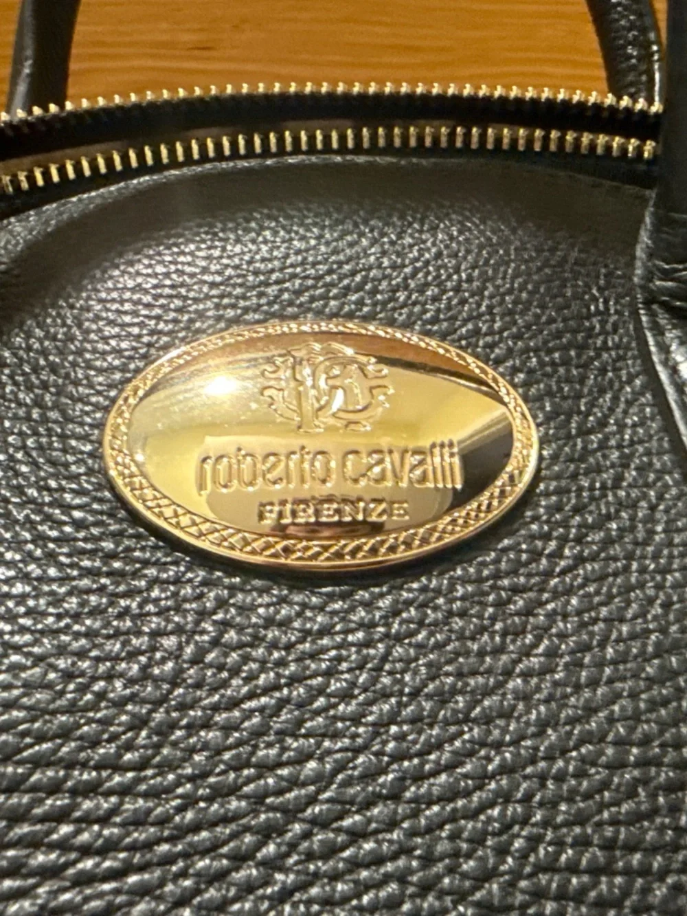Roberto Cavalli Vitello Stampa Dollaro Black Pebbled Leather Satchel